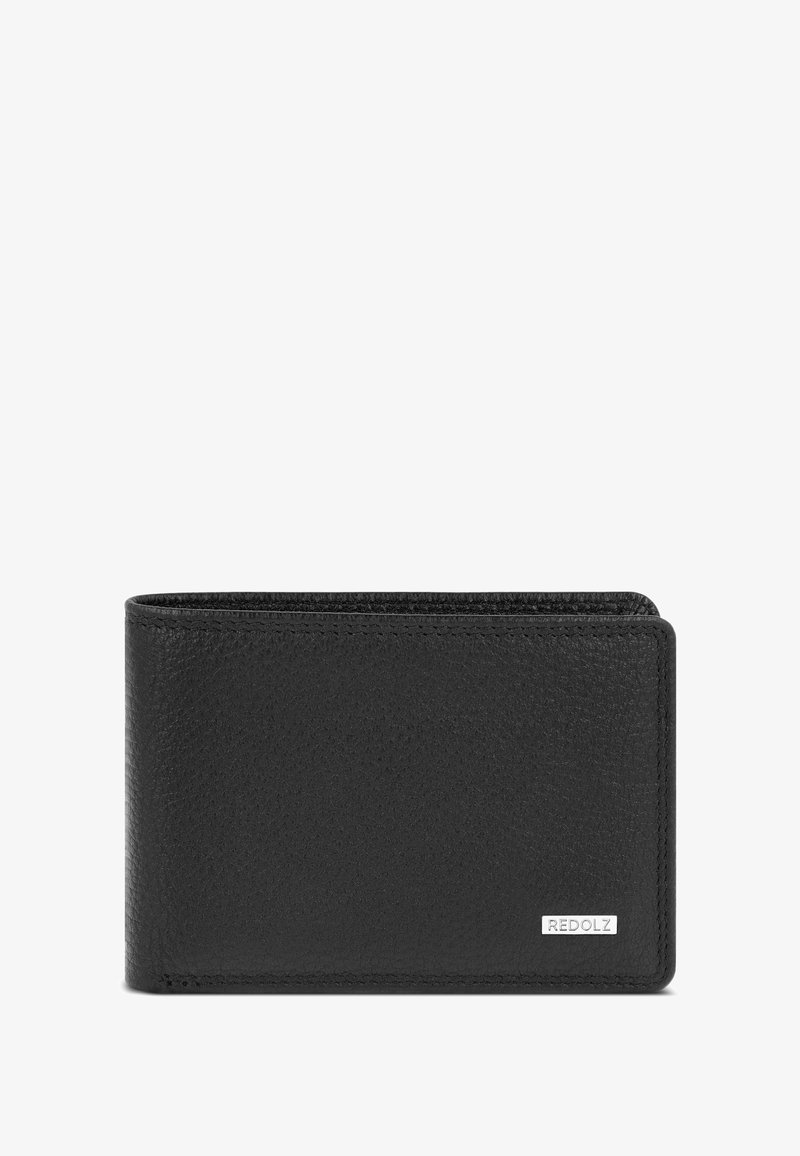 Zwarte leer bifold portemonnee met een metalen Redolz merklabel in de rechterbenedenhoek, tegen een witte achtergrond.