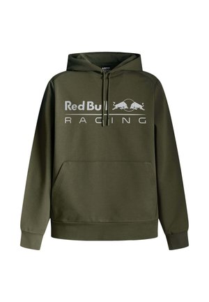Olive spalvos džinsinė su gobtuvu, priekyje esanti kišenė, ginto stygos gobtuvas ir baltas "Red Bull Racing" logotipas ant krūtinės. Glotni audinio tekstūra.