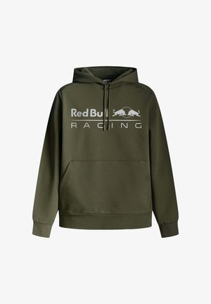Olivgrüne Kapuzenjacke mit einer Fronttasche, einer verstellbaren Kapuze und dem "Red Bull Racing"-Logo in Weiß auf der Brust. Glatte Stofftextur.