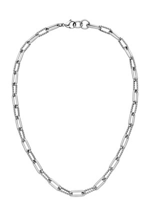 Metallkette mit abwechselnd länglichen und gedrehten Gliedern, in silberfarbener Ausführung und mit einem sicheren Verschluss.