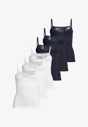 Ensemble de huit débardeurs pour femmes en noir et blanc, avec bordure en dentelle et fines bretelles, présentés en deux rangées sur un fond blanc.