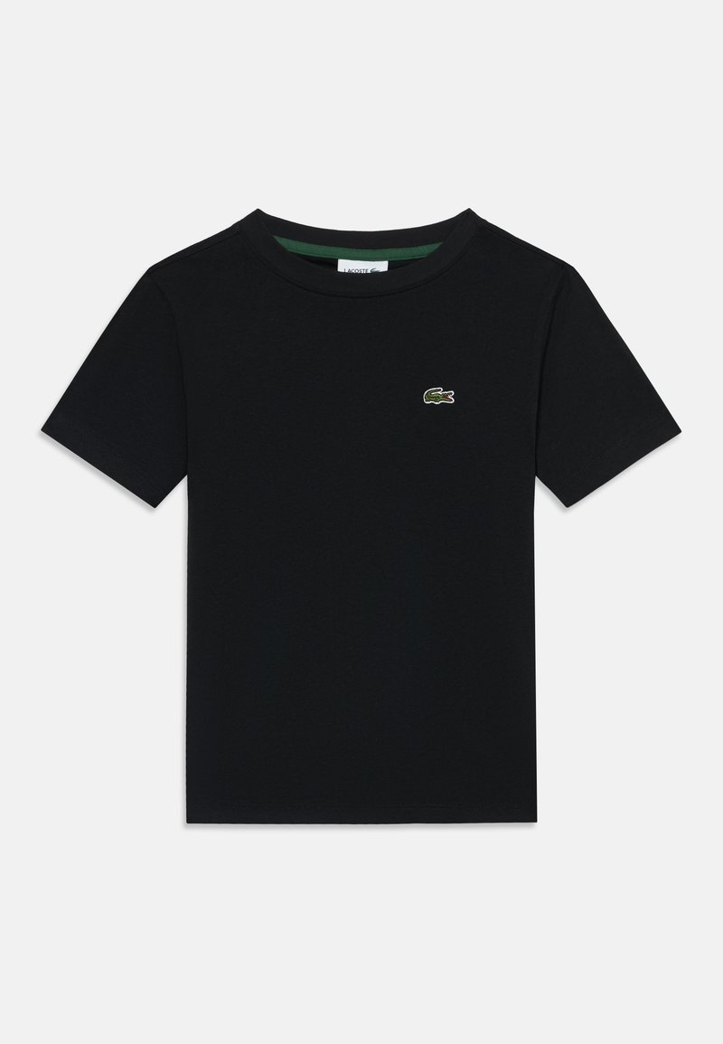 Μαύρο κοντομάνικο T-shirt με στρογγυλή λαιμόκοψη και μικρό πράσινο κεντημένο λογότυπο κροκοδείλου στο αριστερό στήθος.