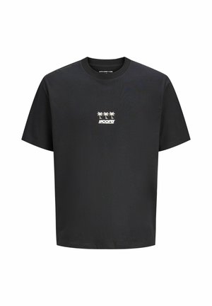 Must lühikeste varrukatega T-särk, millel on väike valge palmi graafika ja "JJCORE" tekst rindkere keskel.