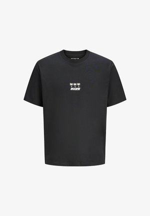 Must lühikeste varrukatega T-särk, millel on väike valge palmi graafika ja "JJCORE" tekst rindkere keskel.