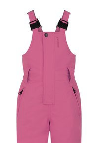 Rosa skidtäckbyxor med justerbara svarta hängslen, knäppning fram och fickor med dragkedja på sidan. Slätt tyg med en snygg design.