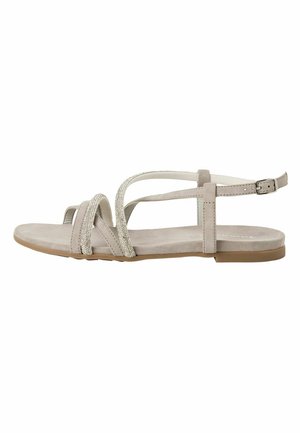 Hellgraue Wildleder-Sandalen mit mehreren sich kreuzenden Riemen, verziert mit silberfarbenen Akzenten, flache Sohle und verstellbarer Knöchelriemen.