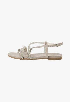 Light gray suede sandals with multiple crossing straps, adorned with silver-tone accents, flat sole, and adjustable ankle strap.