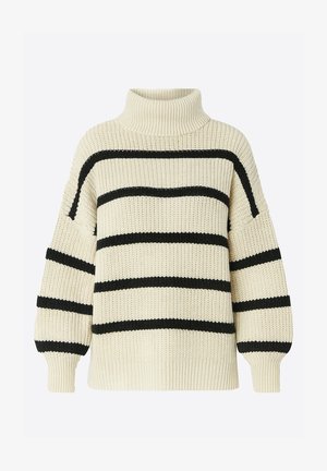 Maglione lavorato a maglia color crema con strisce orizzontali nere, collo alto a dolcevita e maniche larghe. Tessuto strutturato con polsini e orlo a coste.