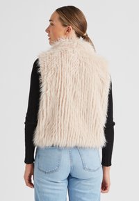 Faux-Fur-Weste, hellrosa mit einer langen, gestreiften Textur. Abgerundeter Halsausschnitt, keine Verschlüsse, getragen über einem schwarzen langärmeligen Oberteil und blauen Jeans.