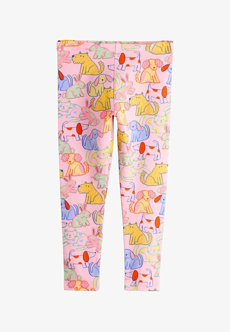 Leggings roses ornés d'animaux de dessin animé colorés, notamment des chiens, des chats et des lapins dans différentes poses.