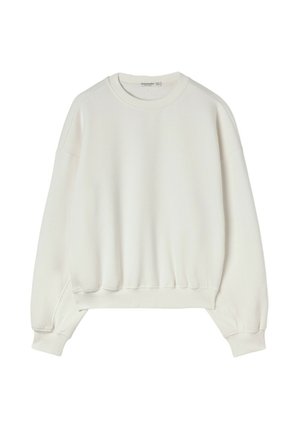 Sweat-shirt blanc uni à col rond avec manches longues et poignets et ourlet côtelés, présenté sur fond blanc.
