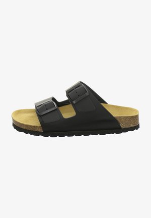 Schwarze Sandale mit zwei verstellbaren Riemen und Schnallen, Korkfußbett und strukturiertem Gummisohle. Leichtes Design, geeignet für die Freizeit.