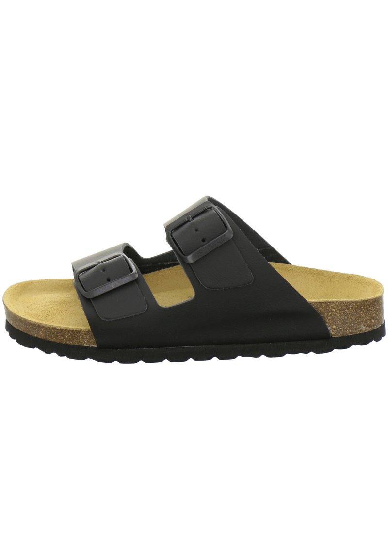 Black sandal with two adjustable straps and buckles, cork footbed, and textured rubber sole. Lightweight design suitable for casual wear.