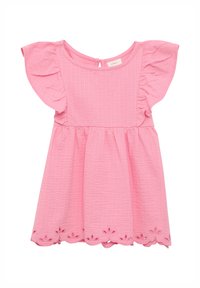 Short pink dress with flutter sleeves, textured fabric, and scalloped hem featuring floral cut-out details. Back closure with button.