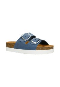 Infradito blu scamosciati con due cinturini in metallo argentato, plantare in sughero e suola in gomma bianca con finitura testurizzata.