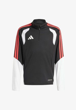 Veste de sport noire avec fermeture éclair au quart, dotée de bandes latérales rouges et blanches, d'un logo blanc et d'une texture respirante. Manches longues.