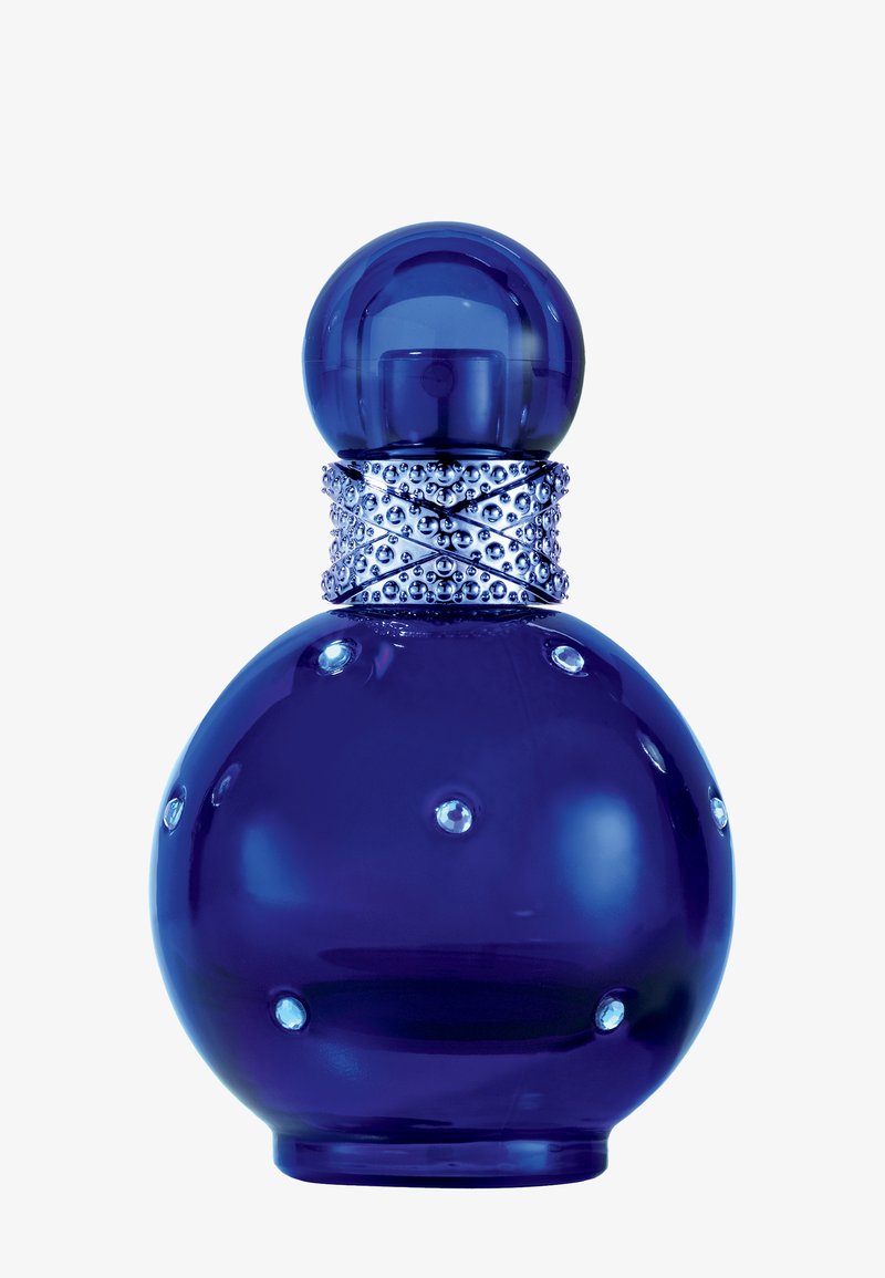 Flacon de parfum rond bleu foncé avec des points en relief et un anneau de col argenté brillant et texturé sous un bouchon sphérique bleu.