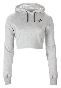 Geel geplooid grijs sweatshirt van zacht materiaal, met lange mouwen, een capuchon met trekkoord en een zwart geborduurd logo op de borst.