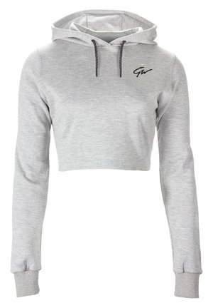 Cropped grey hoodie made of soft fabric, featuring long sleeves, a drawstring hood, and a black embroidered logo on the chest.