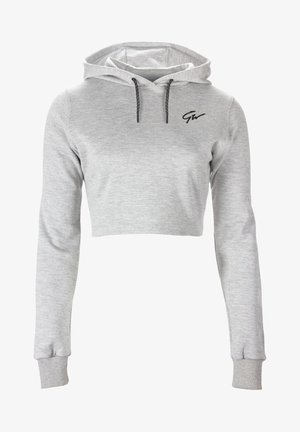 Geel geplooid grijs sweatshirt van zacht materiaal, met lange mouwen, een capuchon met trekkoord en een zwart geborduurd logo op de borst.
