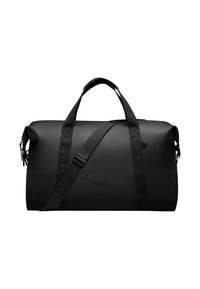 Borsa da viaggio nera in materiale resistente; dotata di doppie maniglie e una tracolla regolabile; design minimalista con dettaglio del logo.