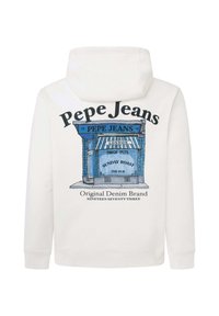 Felpa con cappuccio bianca con grafica blu raffigurante la facciata di un pub con la scritta "Pepe Jeans". I dettagli includono strisce ed elementi di branding vintage.
