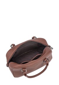 Sac à main en cuir brun avec une surface texturée, fermeture éclair, double poignées, et un intérieur spacieux doté d'une doublure en tissu foncé.