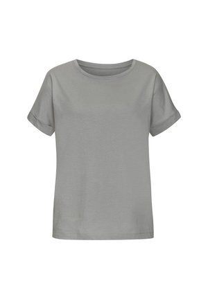 Graues Kurzarm-T-Shirt mit rundem Halsausschnitt und umgeschlagenen Ärmeln. Aus weicher Baumwolle mit glatter Textur und klassischer Passform.