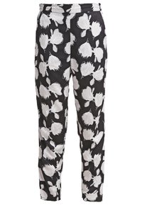 Schwarze Hose mit floralem Muster in Weiß, aus glattem Stoff gefertigt. Das Design umfasst große, umrissene Blumen und einen geraden Schnitt.