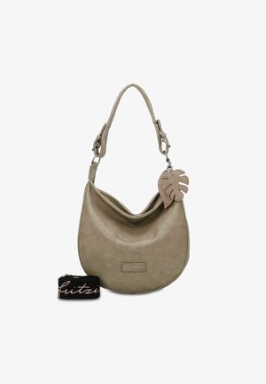 Grijze neplederen hobo tas met een ronde vorm, een dikke schouderband en een bladvormige sleutelhanger. Inclusief een zwart ritsaccessoire tasje.