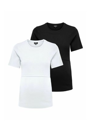 Deux t-shirts de maternité à manches courtes avec une couche intégrée pour l'allaitement, un blanc et un noir, présentés sur un fond blanc uni.
