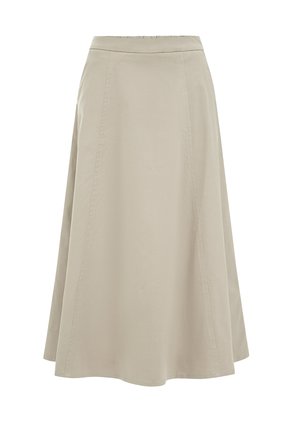 Bež A-kroja suknja s visokim strukom, panelnim šavovima i rubom do koljena, prikazana na bijeloj pozadini.