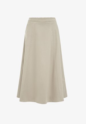 Beige A-linjahame, jossa on korkea vyötärö, saumanapit ja polvenpituinen helma, esitetty valkoista taustaa vasten.