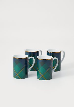 Set of four ceramic mugs featuring a dark green and blue tartan pattern with gold accents along the rim and a curved white handle.