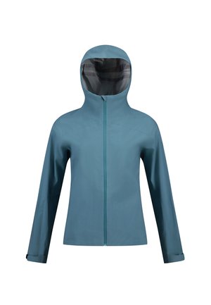 Chaqueta resistente al agua, de color teal, con cuello alto, cremallera frontal y mangas largas. Cuenta con una capucha y puños ajustables para un ajuste seguro.