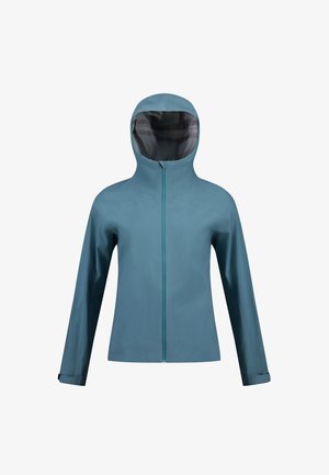 Chaqueta resistente al agua, de color teal, con cuello alto, cremallera frontal y mangas largas. Cuenta con una capucha y puños ajustables para un ajuste seguro.