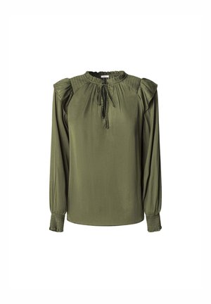 Olijfgroene blouse met lange mouwen, gerimpelde schouders, een plooidetail bij de halslijn en een striksluiting. Gladde stofstructuur.
