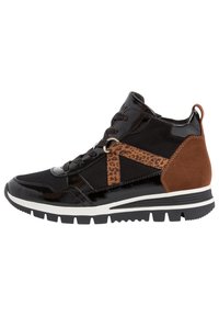 Black patent leather and suede high-top sneaker with a brown and leopard print accent. Features a textured surface and supportive rubber sole.