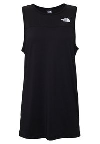 Czarny bezrękawnik sportowy z teksturowanym panelem przy dekolcie, z małym białym logo po lewej stronie u góry.