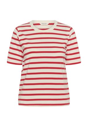 Rochie din bumbac cu dungi, realizată dintr-un material moale, având dungi orizontale roșii și albe, mâneci scurte și guler rotund.