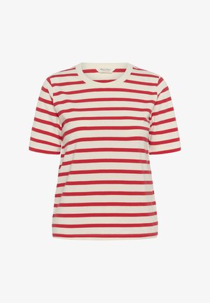 Črtasta majica iz mehkega materiala, z rdečimi in belimi vodoravnimi črtami, kratkimi rokavi in okroglim izrezom.