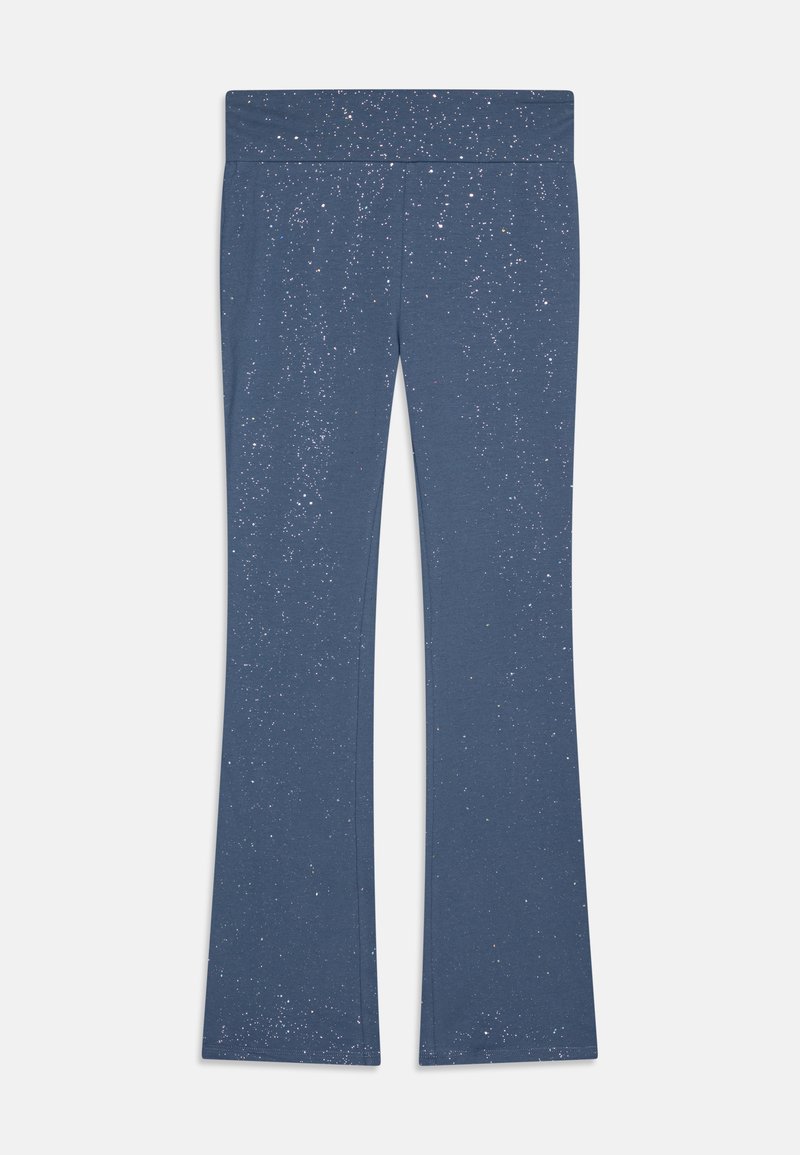 Calças azuis de boca larga feitas de um tecido suave, apresentando um padrão sutil salpicado em várias cores. A cintura é larga e elástica.