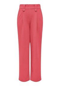 Pantalons larges rose clair avec taille haute, deux poches avant et des accents de boutons. Fabriqués en tissu lisse et léger.