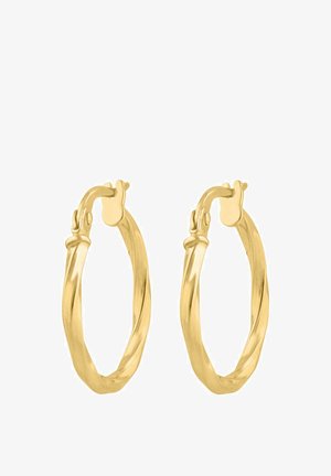 Zlati zaviti uhani obroči s poliranim zaključkom. Ponašajo se z varnim zaponkom in rahlo nepravilno obliko za dodano teksturo.