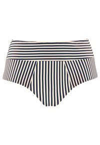 Kalhotky bikin s vysokým pasem s tmavě modrými a bílými vodorovnými pruhy na pásku a svislými pruhy na těle.