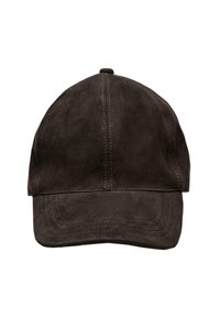 Cappello in suede marrone con visiera strutturata, caratterizzato da cuciture visibili e una linguetta in cima per la regolazione.
