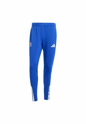 Blue athletic pants made of lightweight fabric, featuring a tapered design, white side stripes, and a logo on the front.