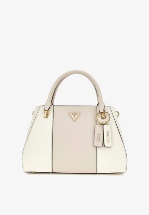 Structured handbag in white and beige synthetic material. Features gold hardware, side stripes, triangular logo, and two decorative tags.