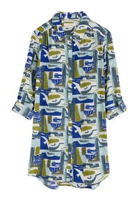 Button-up shirt in a lightweight fabric featuring a multicolored abstract pattern with blue, green, and gray shades; long sleeves.