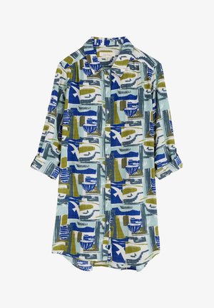Overhemd van lichte stof met een multicolore abstracte print in blauw, groen en grijstinten; lange mouwen.
